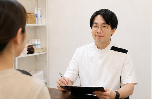 クリップボードにメモを取りながら施術を受ける方の話を聞く施術者