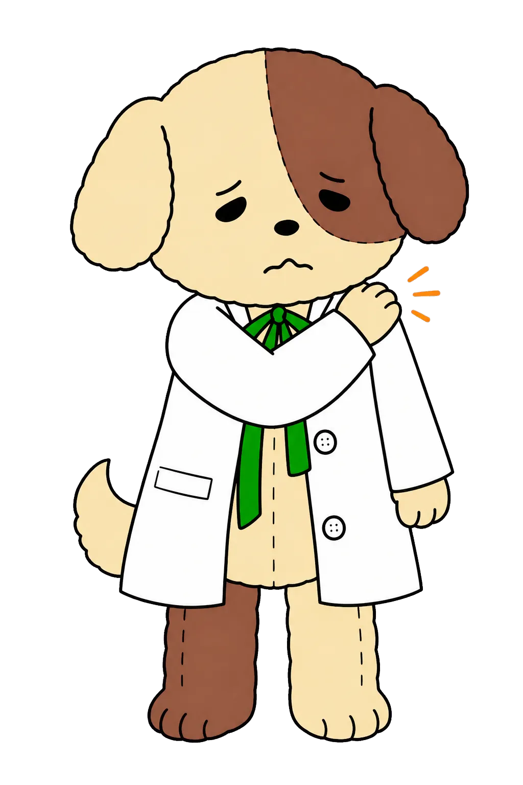 片方の肩を反対の前足でそっと押さえている犬のマスコット