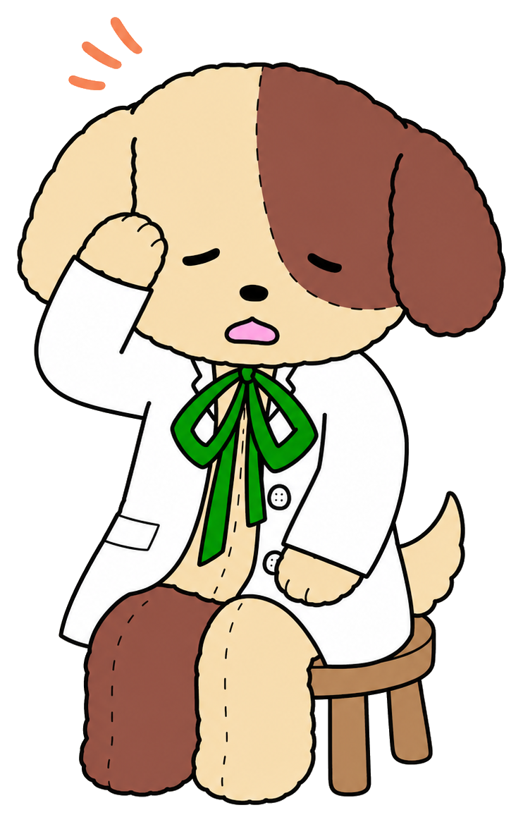 椅子に座って疲れた様子の白衣の犬の先生