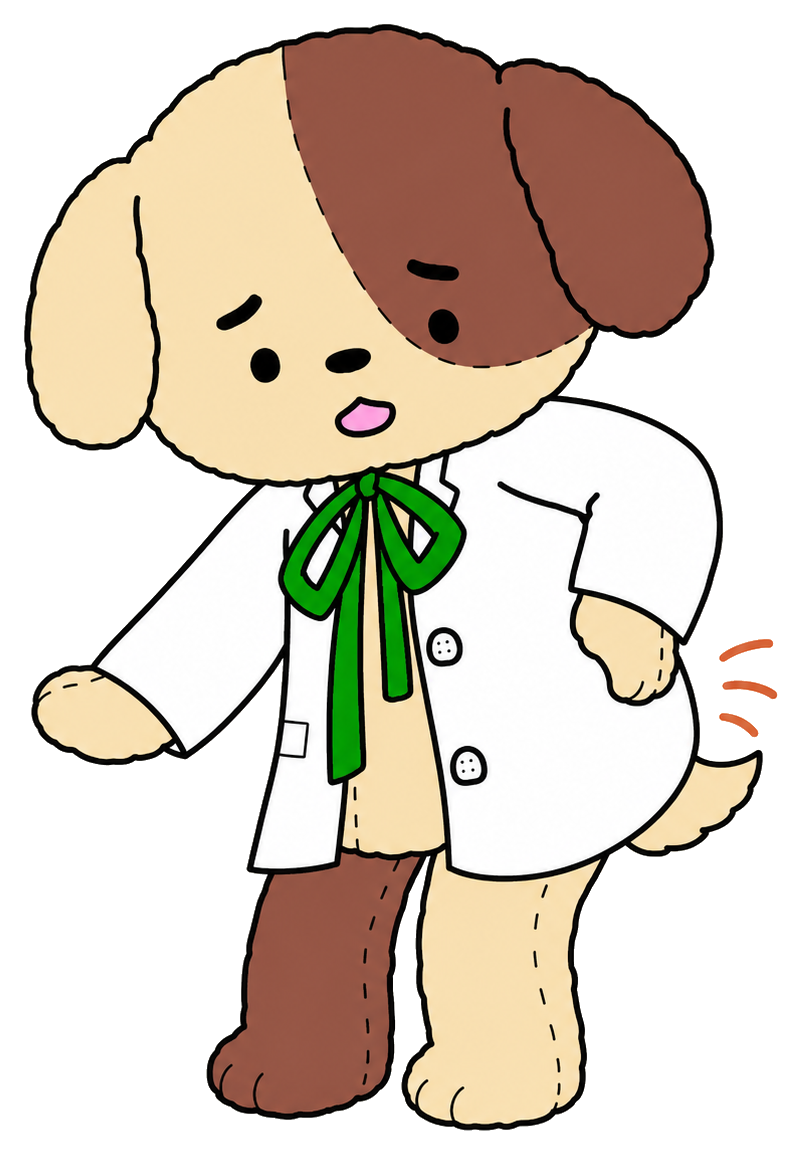 腰に手を当ててつらそうな白衣の犬の先生