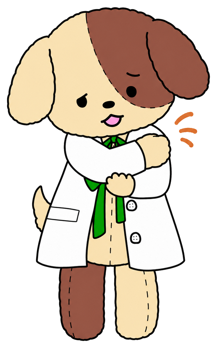 腕を押さえてしびれを気にする白衣の犬の先生