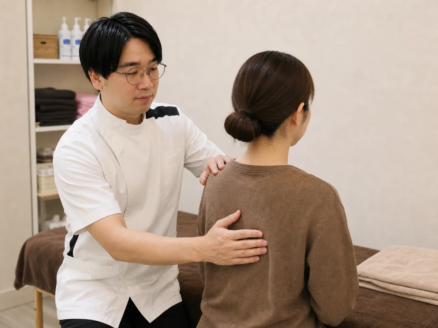 背面から肩甲骨まわりと背中の状態を確認している様子