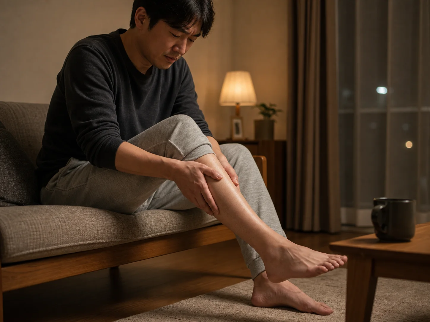 夜に脚のだるさを感じてふくらはぎを押さえている人
