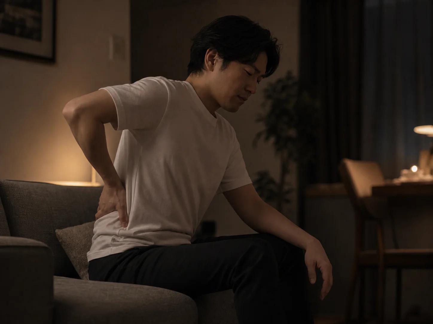 夜に座った姿勢で腰の違和感を確認している人