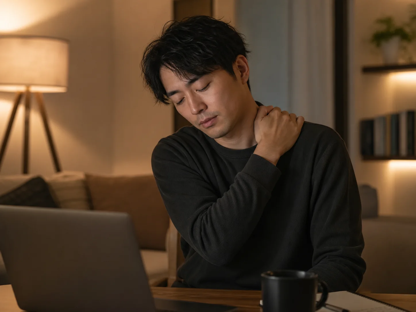 夜に首と肩の重だるさを感じて肩を押さえている人