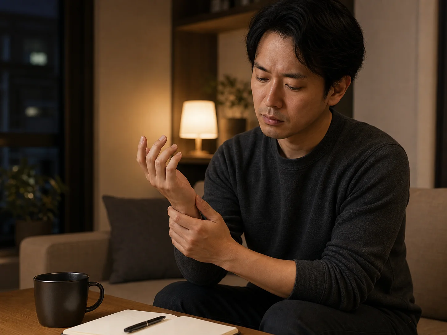 夜に手首を押さえながら手の違和感を確認している人